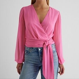 NWOT Express V-Neck Long Sleeve Faux Wrap Pleated Back Tie Waist Top, Pink, XS